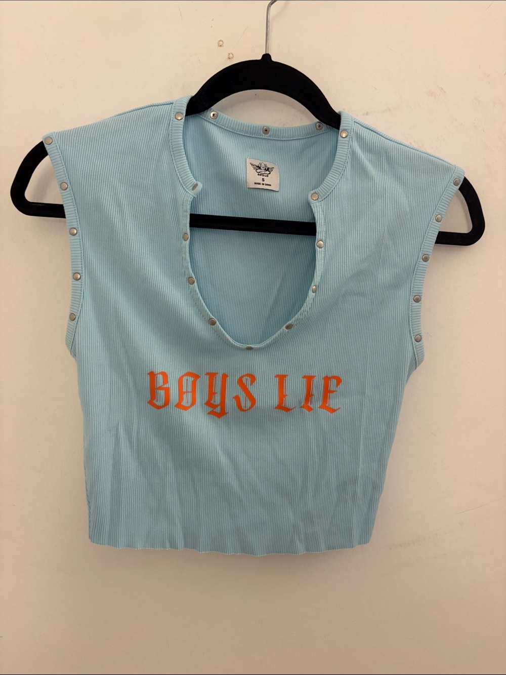 Boys Lie Sky Blue Ribbed Crop Top with Orange Logo & Stud Trim